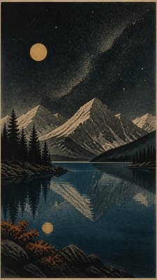 a tranquil mountain lake beneath a starry night sky, no people, no text