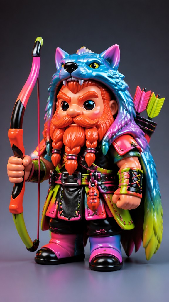 full-body original character: a dwarven ranger with a braided auburn beard, worn leather armor, a longbow and a wolf-pelt cloak, neutral background, no text