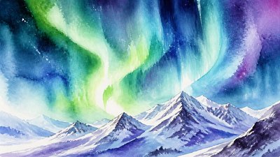 a flowing aurora over snowy peaks, wide sweeping composition, no people, no text