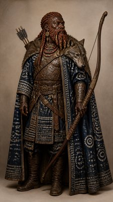 full-body original character: a dwarven ranger with a braided auburn beard, worn leather armor, a longbow and a wolf-pelt cloak, neutral background, no text