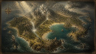 a map of an island realm with mountains, forests, a sheltered bay, sea monsters in the water and a compass rose, no text labels