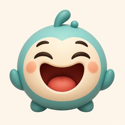 an exaggerated laughing face of an original round mascot character, bold and readable at small size, plain background, no text