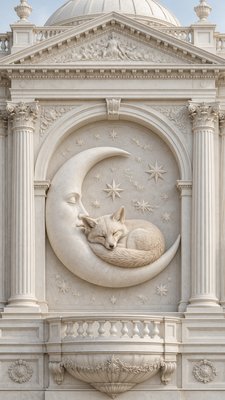 a sleeping baby fox curled on a crescent moon among soft stars, gentle and warm, no text