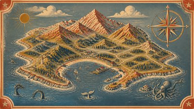 a map of an island realm with mountains, forests, a sheltered bay, sea monsters in the water and a compass rose, no text labels