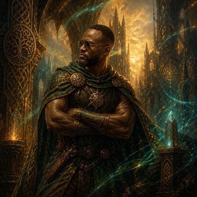 a painting of a man standing in front of a castle