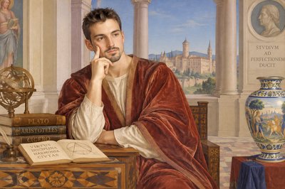 a painting of a man sitting at a desk