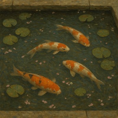 A koi pond seen from above, orange and white koi fish swimming among lily pads, clear water with subtle ripples, fallen cherry blossom petals floating on the surface, dappled sunlight