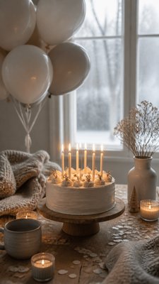 a birthday cake with lit candles surrounded by balloons and confetti, festive vertical composition, no text