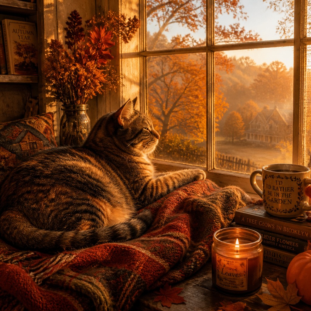 a cat lounging in a sunlit window — Autumncore Aesthetic