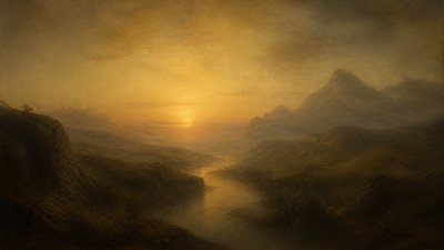 a vast valley with a river winding toward distant mountains at sunrise, no people, no text