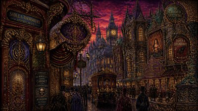 bustling city street panorama at dusk