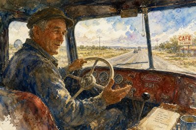 Inside the cab of a 1959 Peterbilt 351 Truck, looking from the passenger seat out toward the road ahead, I see kindly and wise uncle Cecil, the driver, as he handles the truck and tells me a long story about how things are in his life.