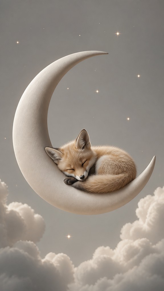 a sleeping baby fox curled on a crescent moon among soft stars, gentle and warm, no text
