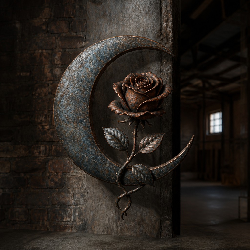 a rose entwined with a crescent moon, clean balanced composition on a plain background, no text