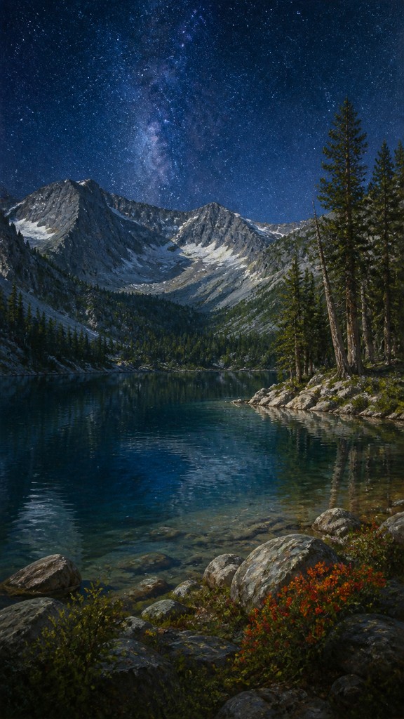 a tranquil mountain lake beneath a starry night sky, no people, no text