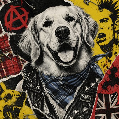 portrait of a golden retriever wearing a blue bandana, warm plain backdrop, no text
