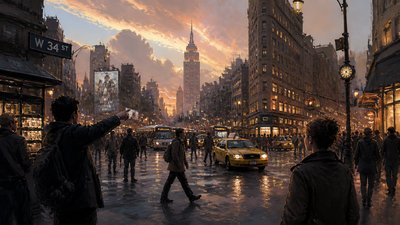 bustling city street panorama at dusk