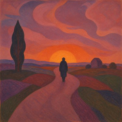 a solitary figure walking toward a glowing horizon across an empty plain, moody atmosphere, no text or lettering