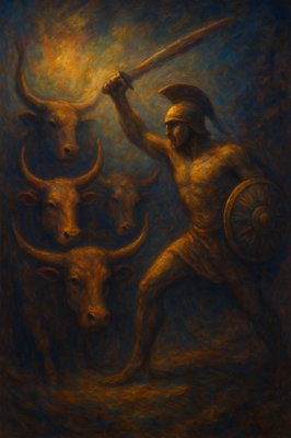 a painting of a man with a sword and two bulls