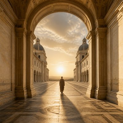 a solitary figure walking toward a glowing horizon across an empty plain, moody atmosphere, no text or lettering