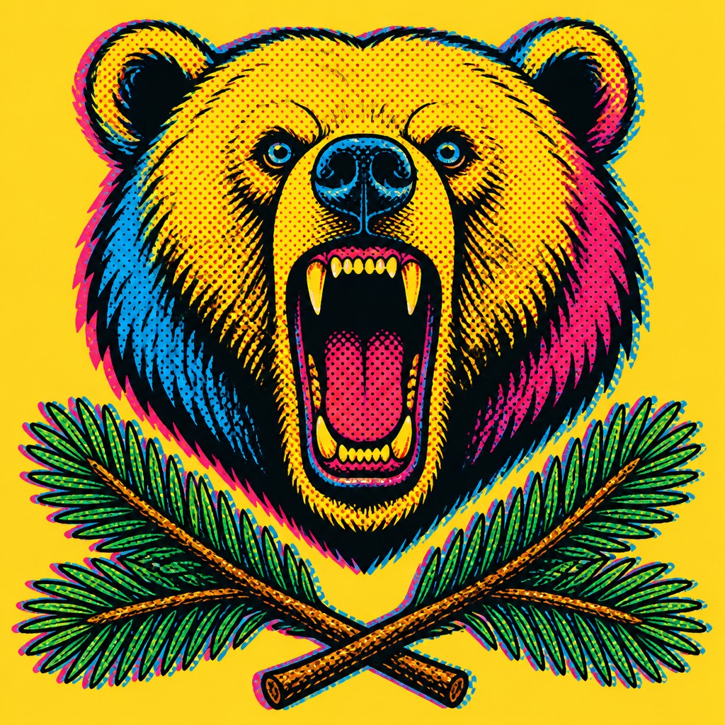 a roaring bear head above crossed pine branches, bold graphic composition on a plain background, no text