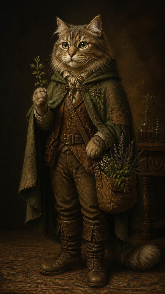 full-body original character: a wandering botanist with a satchel of plants, a patched green cloak, tall boots and round glasses, neutral background