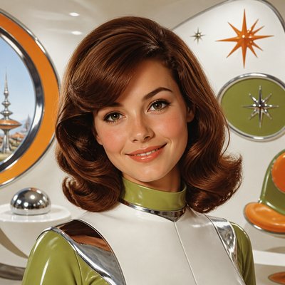 head-and-shoulders portrait of an original character: a young woman with wavy chestnut hair and a warm smile, plain soft backdrop