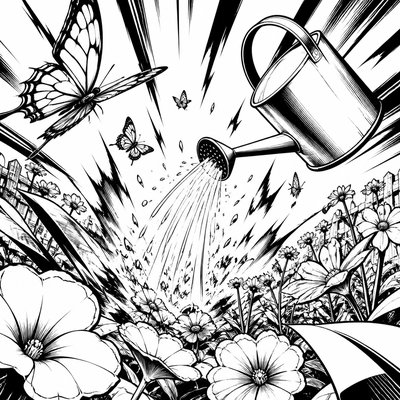 a garden scene with butterflies, flowers and a watering can, clean uncolored line art, no text