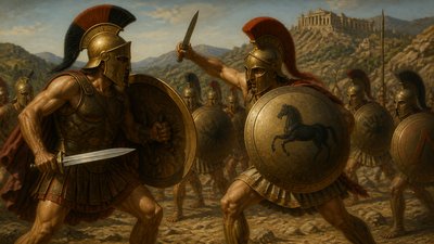 ancient greek warriors with helmets and fighting with swords and shields on bright sunny day