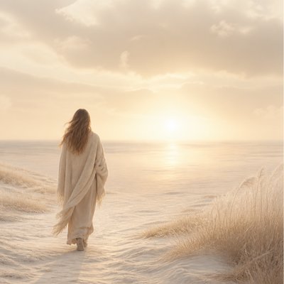a solitary figure walking toward a glowing horizon across an empty plain, moody atmosphere, no text or lettering