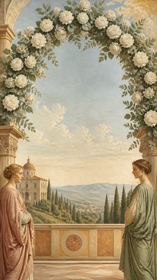 an arch of white roses and eucalyptus in soft morning light, elegant vertical composition with open space, no text