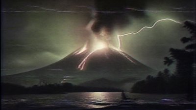 an erupting volcano with lightning strikes, dramatic wide composition, no text