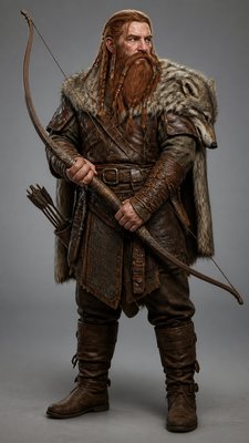 full-body original character: a dwarven ranger with a braided auburn beard, worn leather armor, a longbow and a wolf-pelt cloak, neutral background, no text