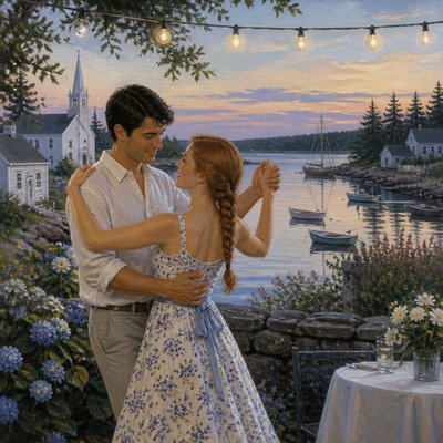 an original couple dancing under string lights in a garden at dusk: a man with short black hair in a linen shirt and a woman with braided red hair in a summer dress