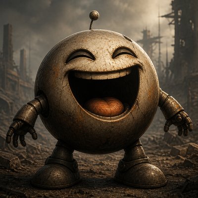 an exaggerated laughing face of an original round mascot character, bold and readable at small size, plain background, no text