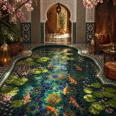 A koi pond seen from above, orange and white koi fish swimming among lily pads, clear water with subtle ripples, fallen cherry blossom petals floating on the surface, dappled sunlight