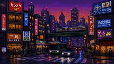 bustling city street panorama at dusk
