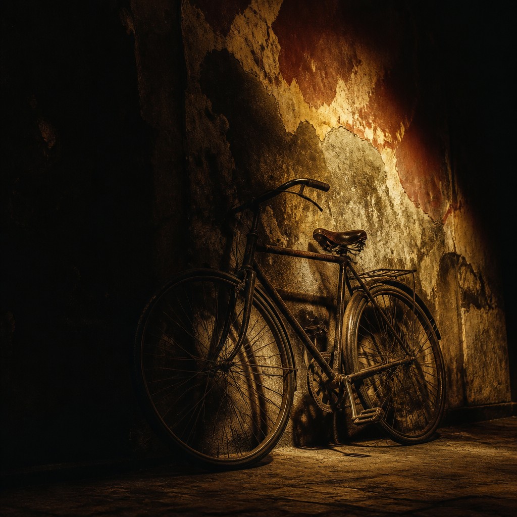 bicyle resting against a wall