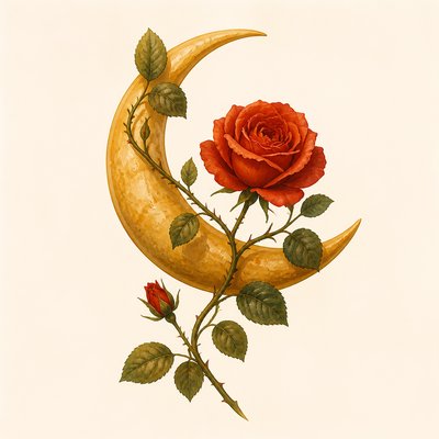 a rose entwined with a crescent moon, clean balanced composition on a plain background, no text