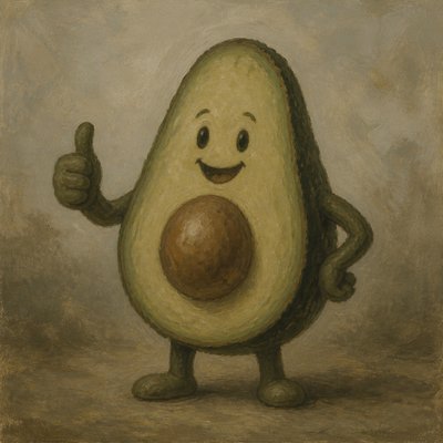 a happy avocado character giving a thumbs up, bold readable design on a plain background, no text