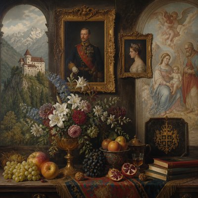 still life arrangement of fruits and flowers