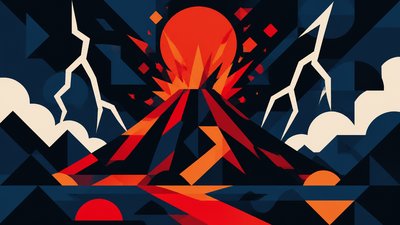 an erupting volcano with lightning strikes, dramatic wide composition, no text