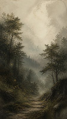 a mysterious forest path with fireflies and drifting mist, atmospheric vertical composition with open space at the top, no text