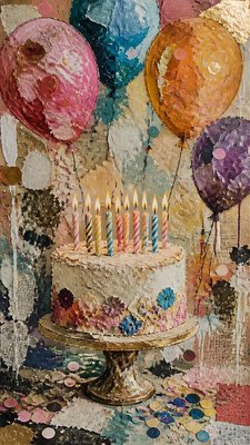 a birthday cake with lit candles surrounded by balloons and confetti, festive vertical composition, no text