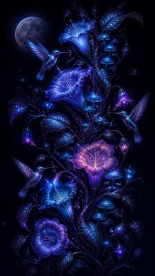 a climbing vine of flowers and hummingbirds on a dark background, tall wrapping composition, no text