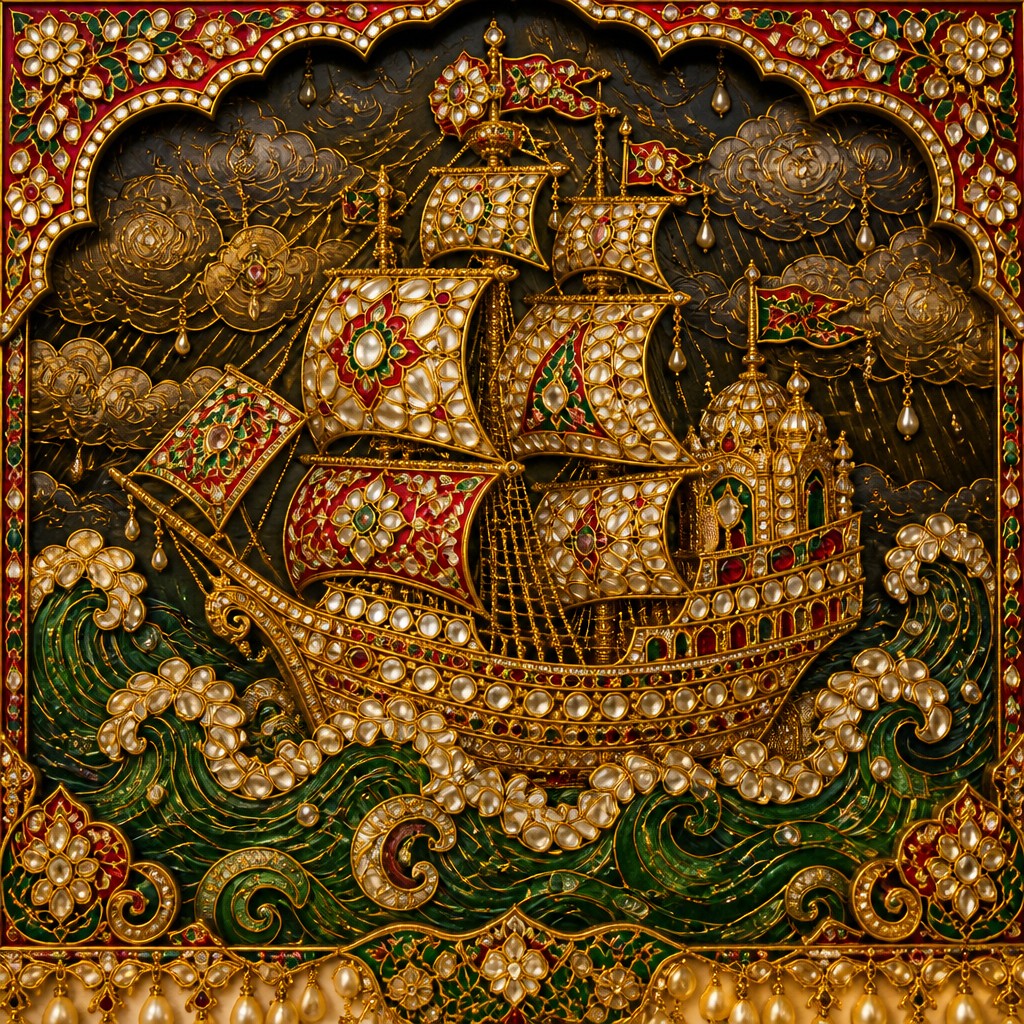 sailing ship on a stormy sea — Mughal Jewelry Design