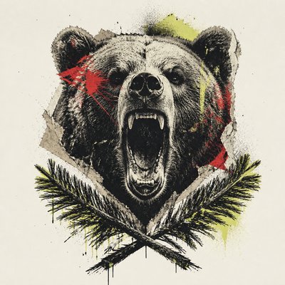 a roaring bear head above crossed pine branches, bold graphic composition on a plain background, no text