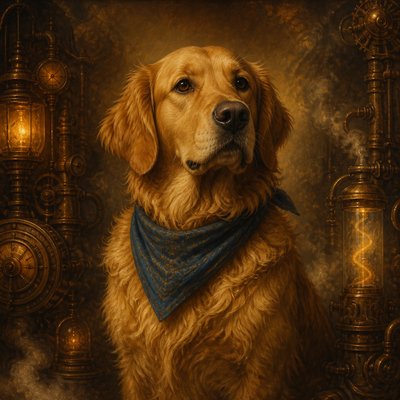 portrait of a golden retriever wearing a blue bandana, warm plain backdrop, no text