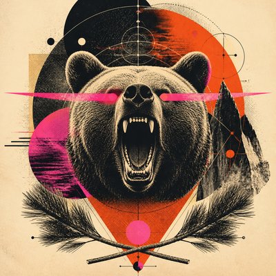 a roaring bear head above crossed pine branches, bold graphic composition on a plain background, no text