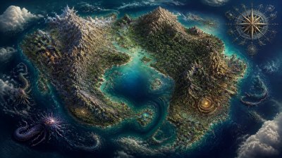 a map of an island realm with mountains, forests, a sheltered bay, sea monsters in the water and a compass rose, no text labels